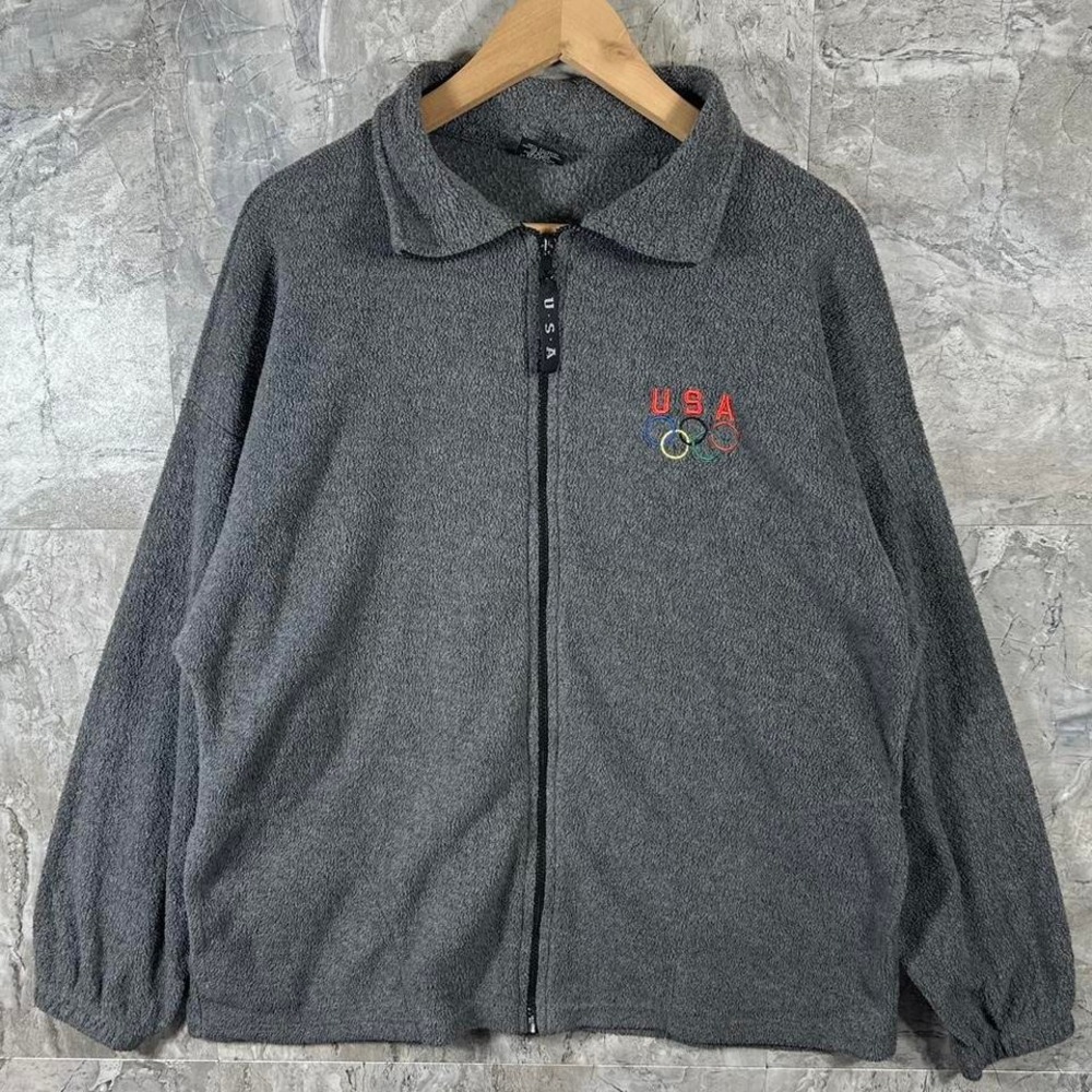 VTG USA Mens Unisex Sz XL Olympic full  Zip-up Dark Grey Fleece embroidered